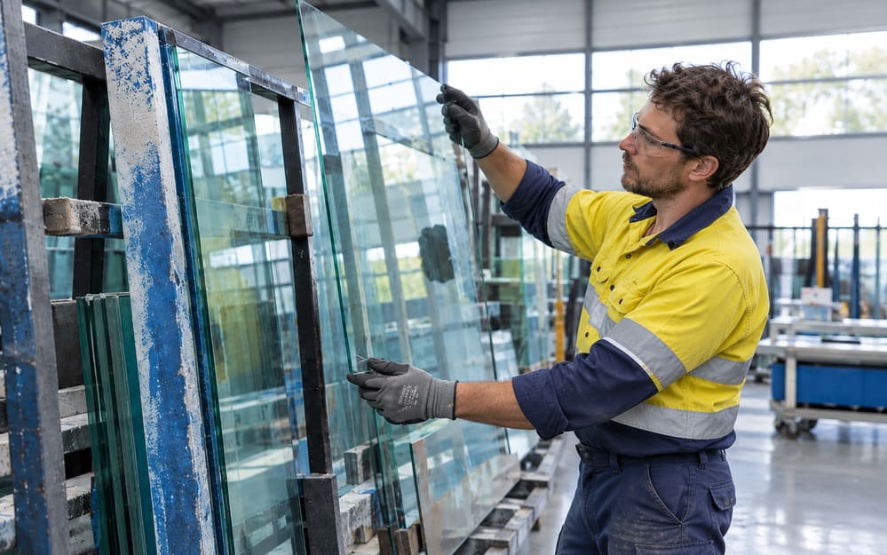 Technician in navy workwear inspecting a glass panel on a rack