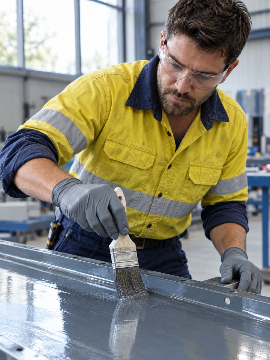 Worker in navy workwear and grey gloves brushing a clear gel onto a grey steel panel