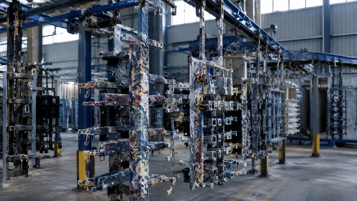 Paint-encrusted hanging jigs and racks on an overhead conveyor in a coating plant