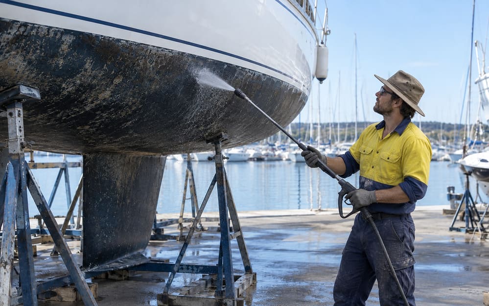 Worker pressure washing the hull of a sailboat on stands in a boatyard