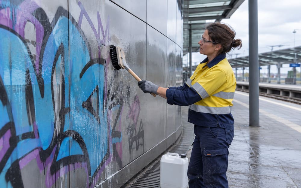 Worker brushing graffiti on a stainless steel wall at a train station