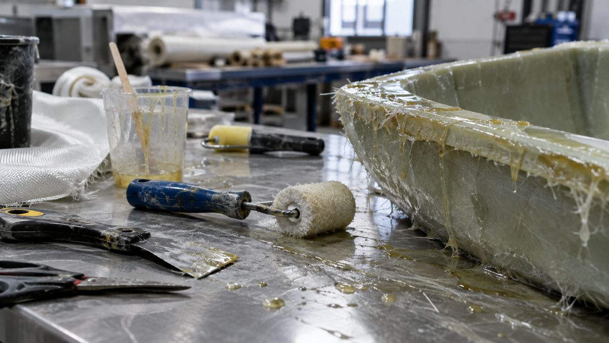 Fibreglass workshop bench with resin-covered rollers, scraper and mixing cup